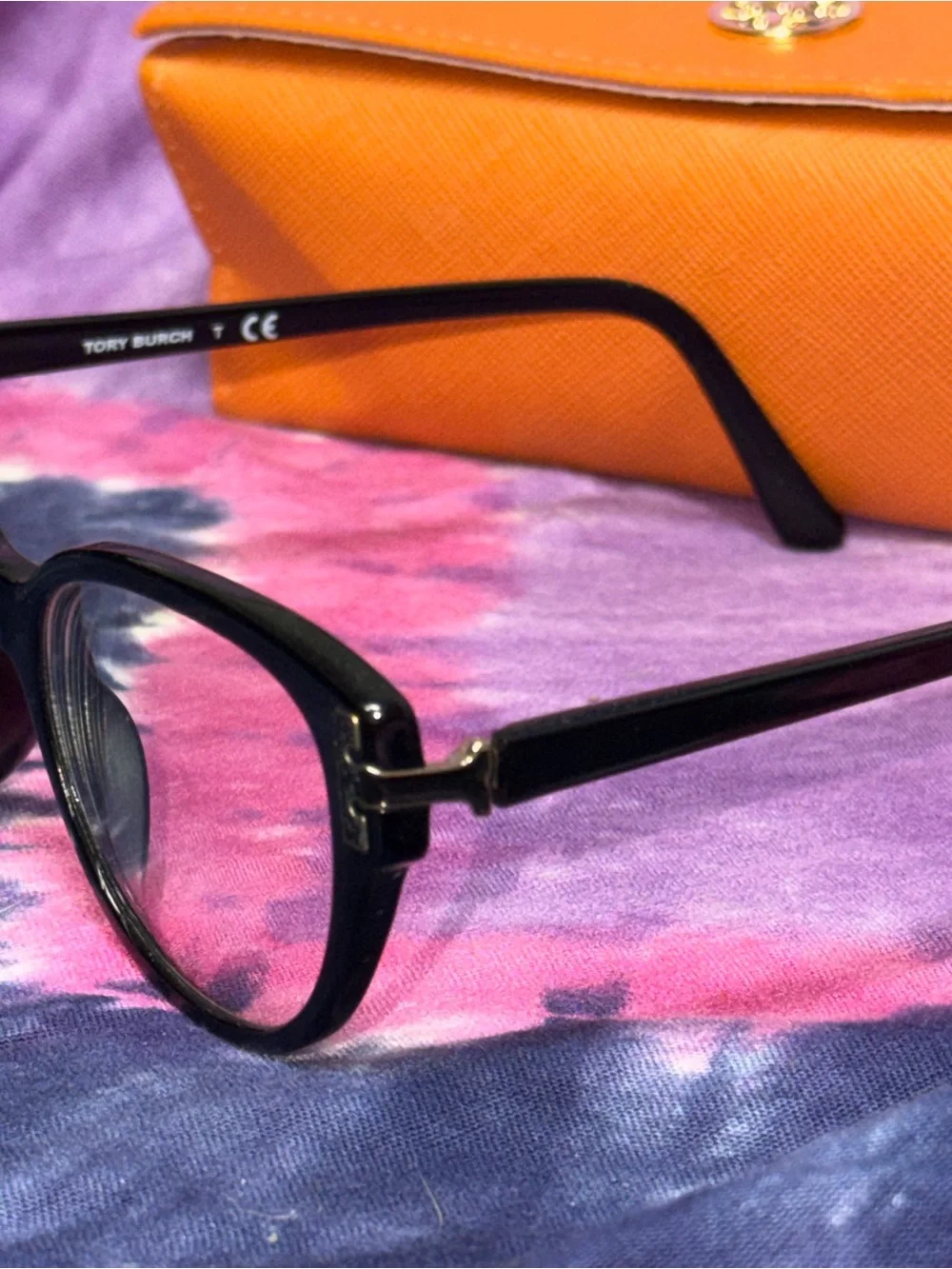 Tory Burch Black Cat-Eye Glasses with Orange Case and Gold Logo